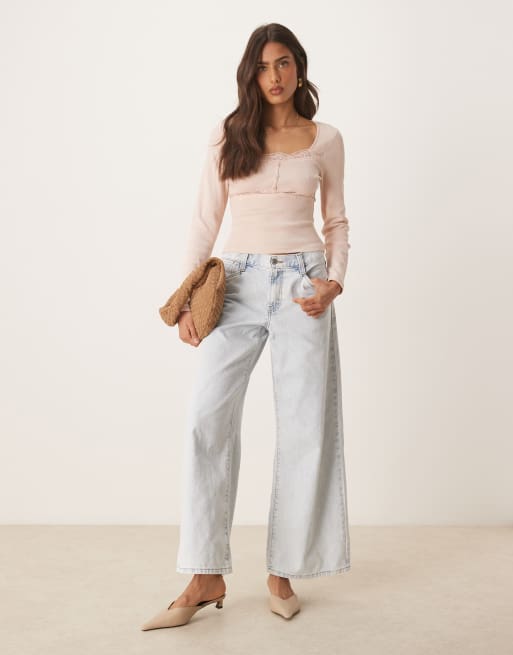 ASOS DESIGN ribbed long sleeve top with lace and button details in pink
