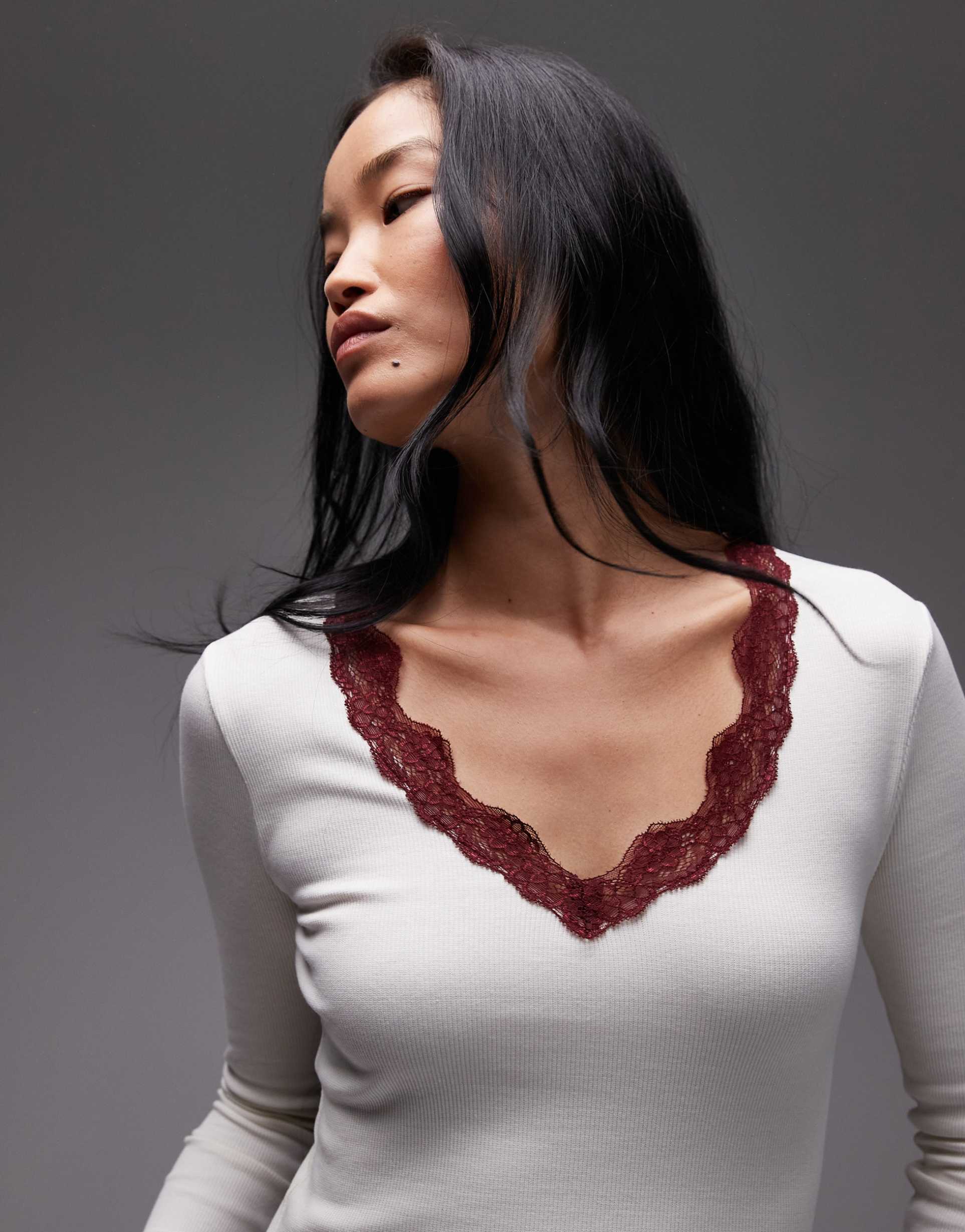 asos design ribbed long sleeve top with lace detail in cream