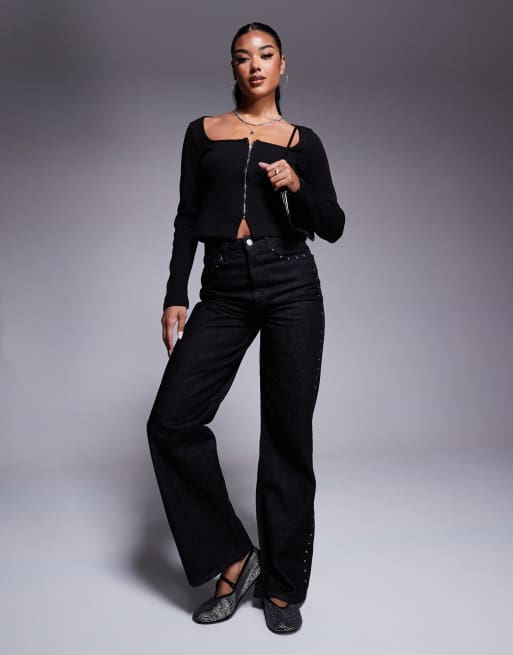 ASOS DESIGN ribbed long sleeve zip front square neck top in