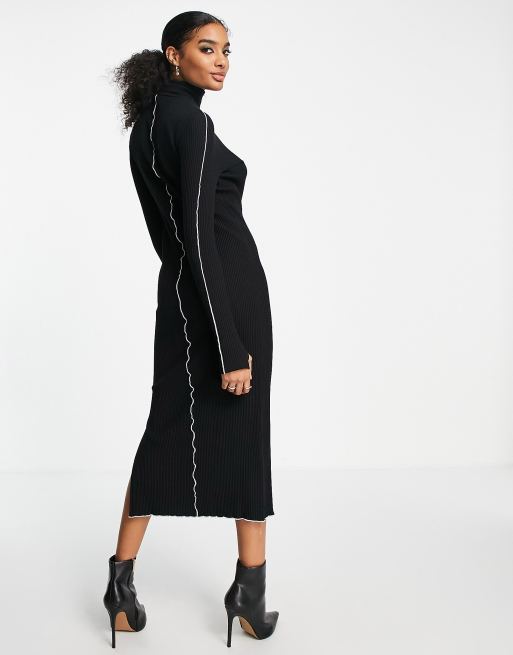 ASOS DESIGN ribbed long-sleeved maxi dress with contrast seams in black, 3 of 4