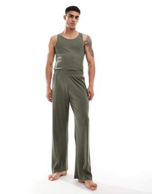 Asos Design Seersucker Lounge Pants In Khaki-green In Green
