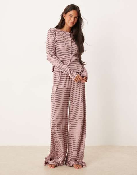 ASOS DESIGN ribbed loungewear in pink & brown stripe - view 1