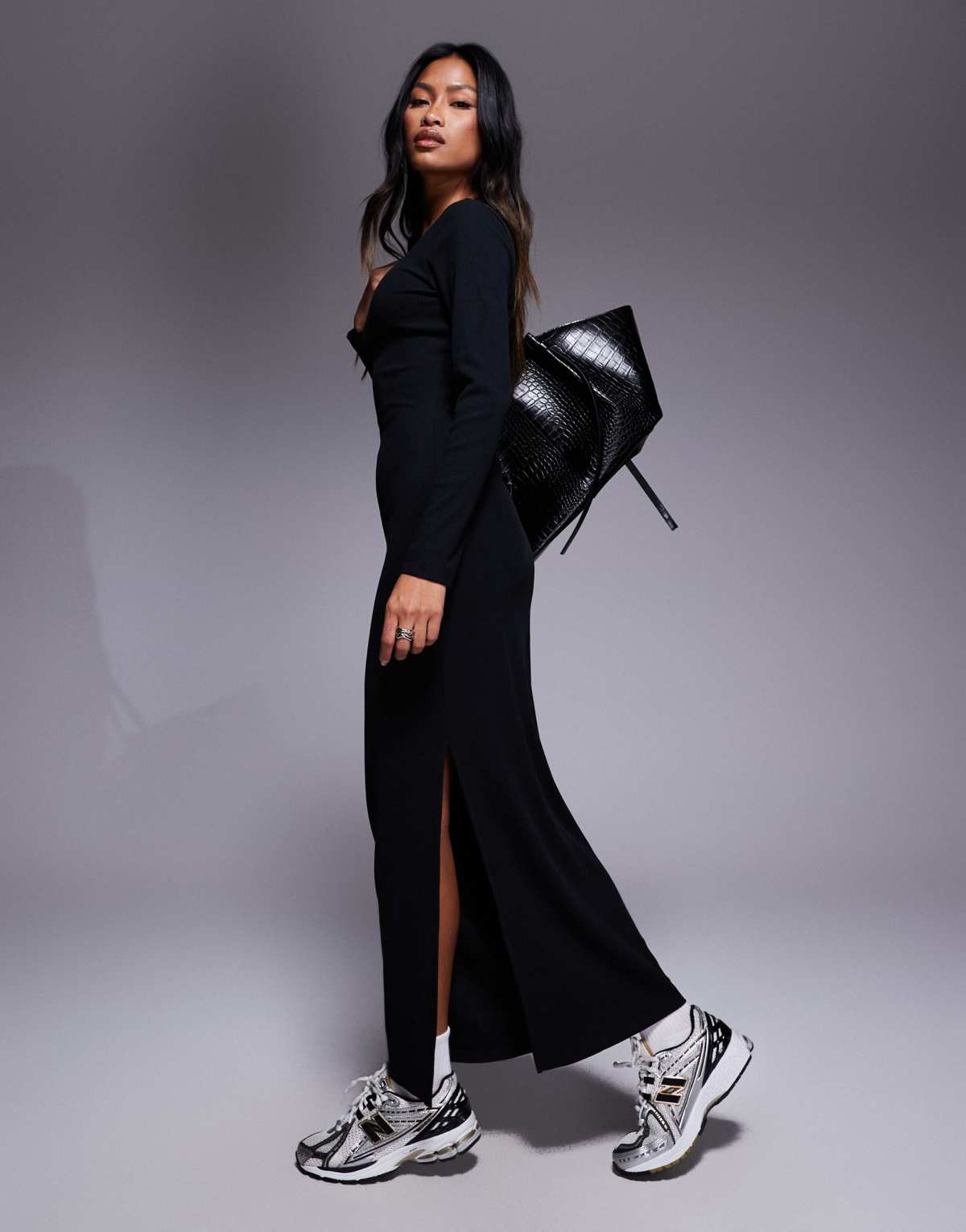 ASOS DESIGN ribbed maxi dress with split in black