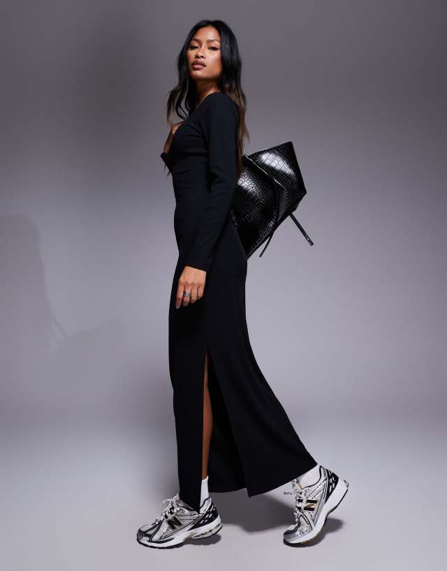 ribbed maxi dress black ASOS DESIGN with split in halterneck Maternity Dresses For Baby Size:US 14P True to size Model