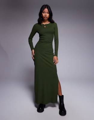 ASOS DESIGN ribbed maxi dress with split in khaki-Green