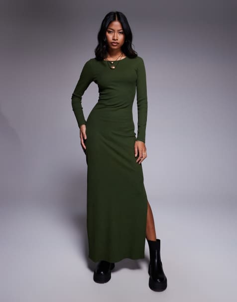 ASOS DESIGN ribbed maxi dress with split in khaki - view 1