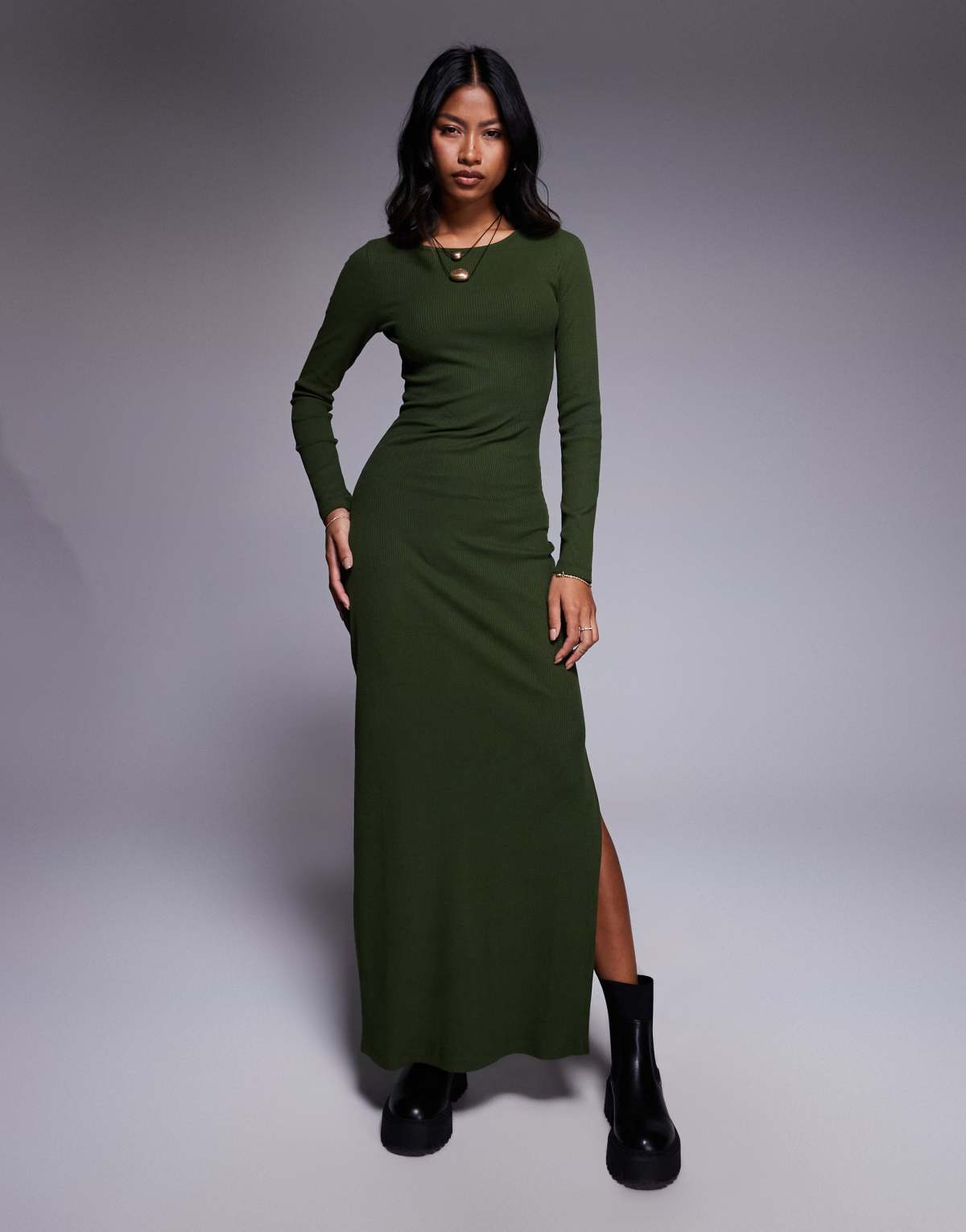 ASOS DESIGN ribbed maxi dress with split in khaki