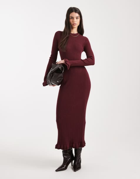ASOS DESIGN ribbed maxi frill sleeve knitted dress in burgundy