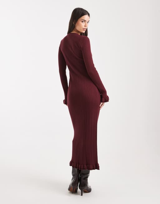 ASOS DESIGN ribbed maxi frill sleeve knitted dress in burgundy, 3 of 4