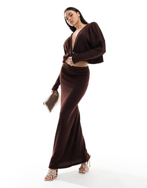ASOS DESIGN ribbed maxi skirt in chocolate brown - part of a set