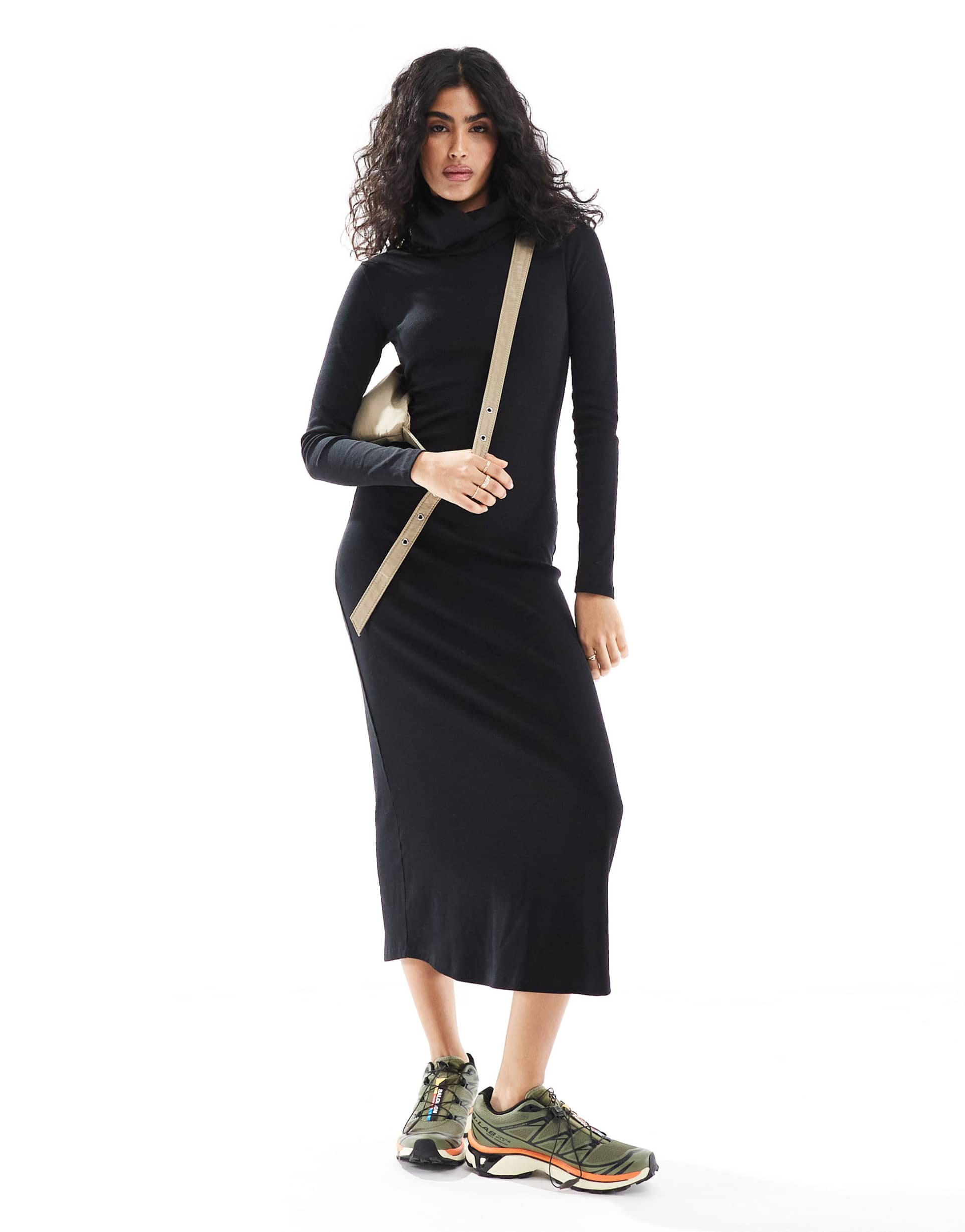 asos design ribbed midaxi turtle neck dress in black