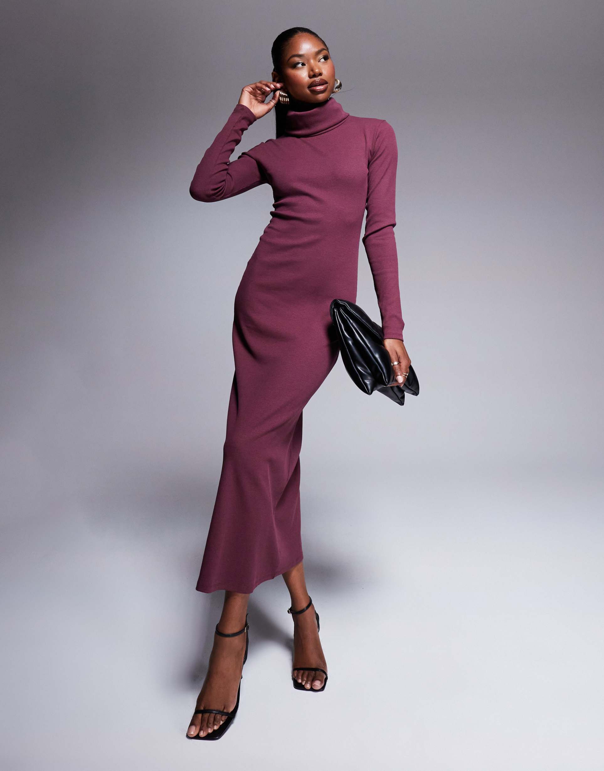 asos design ribbed midaxi turtleneck dress in burgundy