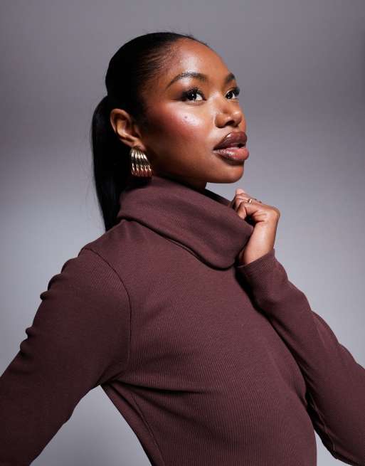 ASOS DESIGN ribbed midaxi turtleneck dress in burgundy