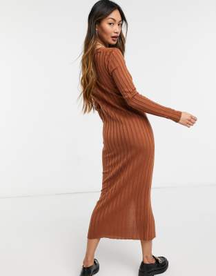 brown ribbed button dress