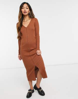 brown ribbed button dress