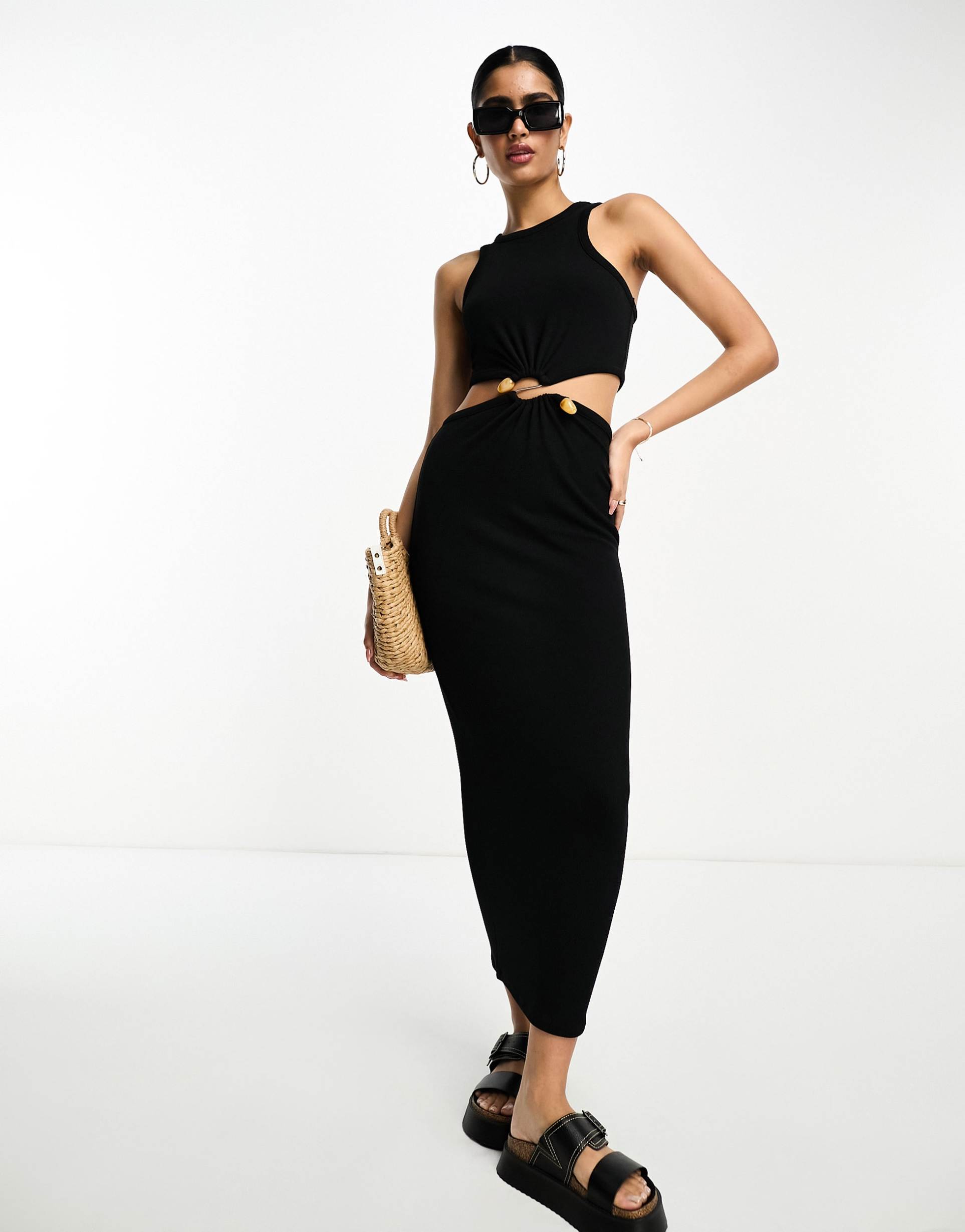 asos design ribbed midi dress with cut-out and stone trim in black