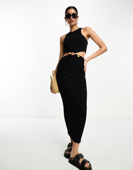 Black Ribbed Crew Neck Midi Dress, Dresses