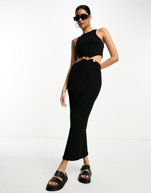 ASOS DESIGN ribbed midi dress with cut-out and stone trim in black