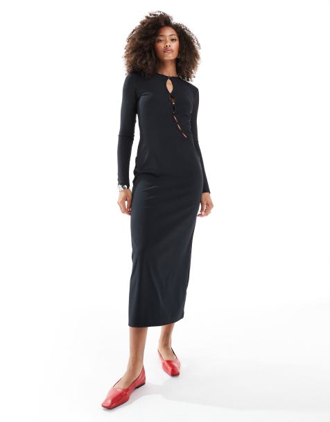 ASOS DESIGN ribbed midi dress with cutout button detail in black - view 1