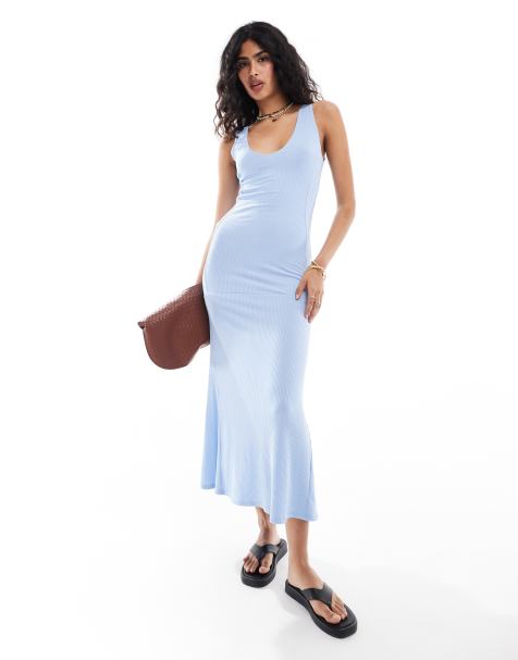 ASOS DESIGN ribbed midi dress with flared hem in sky blue - view 1