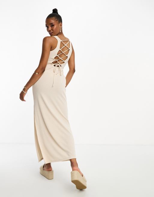 ASOS DESIGN rib twist plunge midi dress in stone