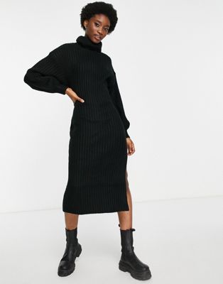 ASOS DESIGN ribbed midi dress with roll neck in black | ASOS