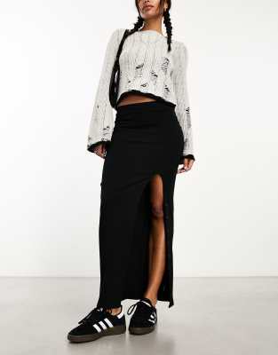 Asos Design Ribbed Midi Skirt With Button Up Split In Black