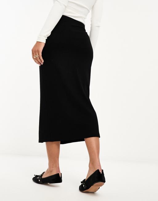 ASOS DESIGN ribbed midi skirt with horn buttons in black ASOS