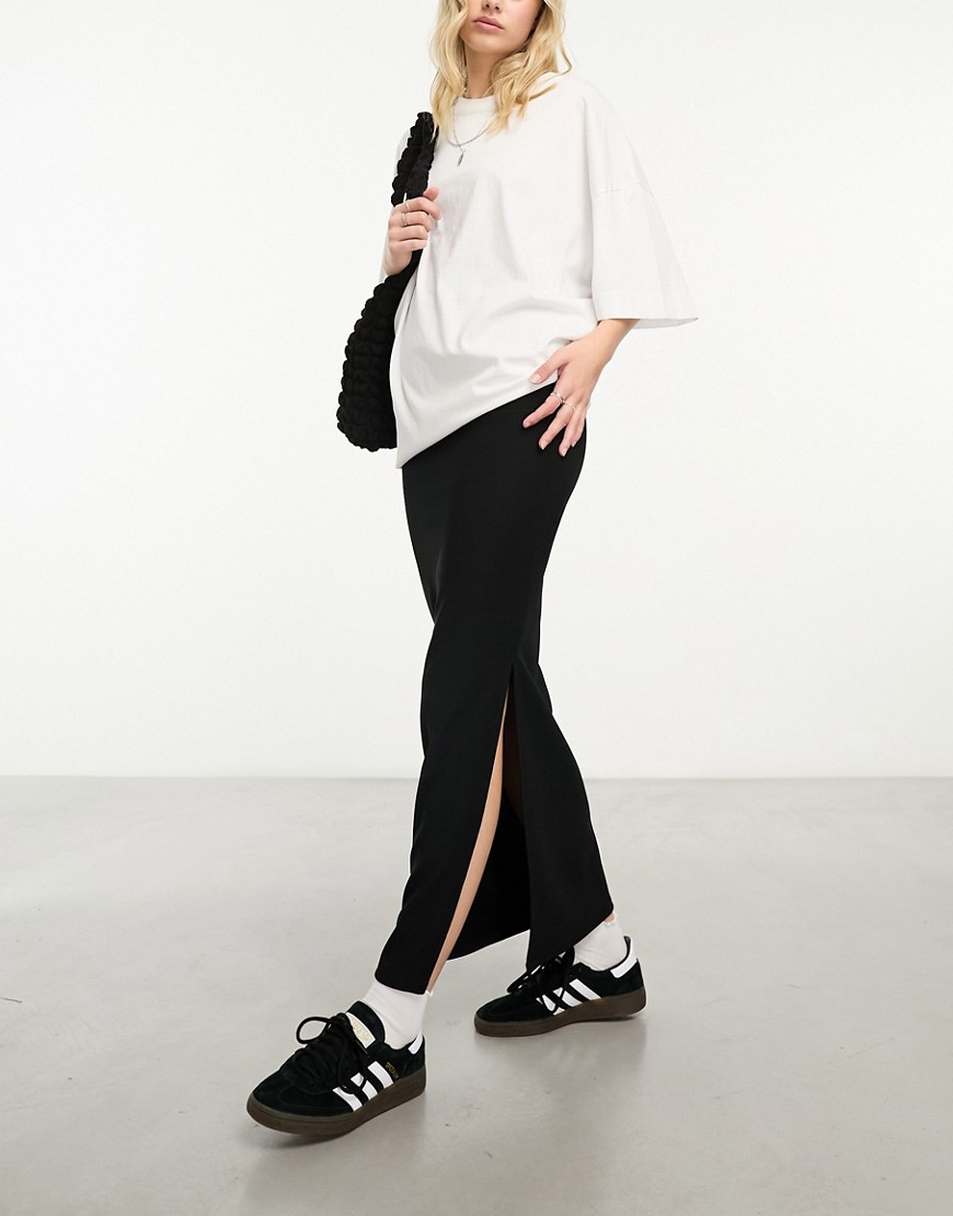 Asos Design Ribbed Midi Skirt With Split In Black