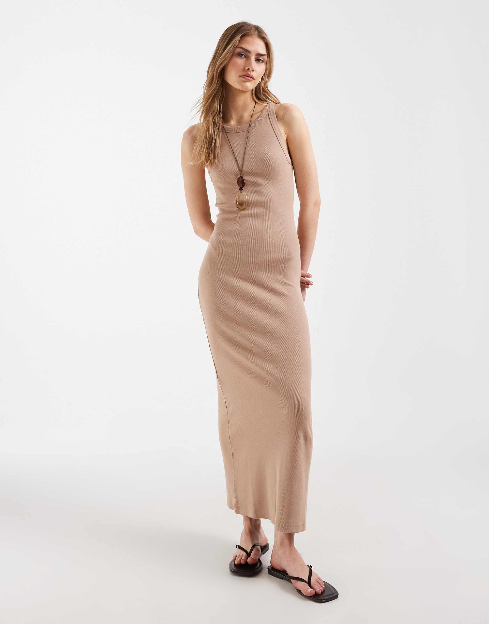 asos design ribbed midi tank dress in stone