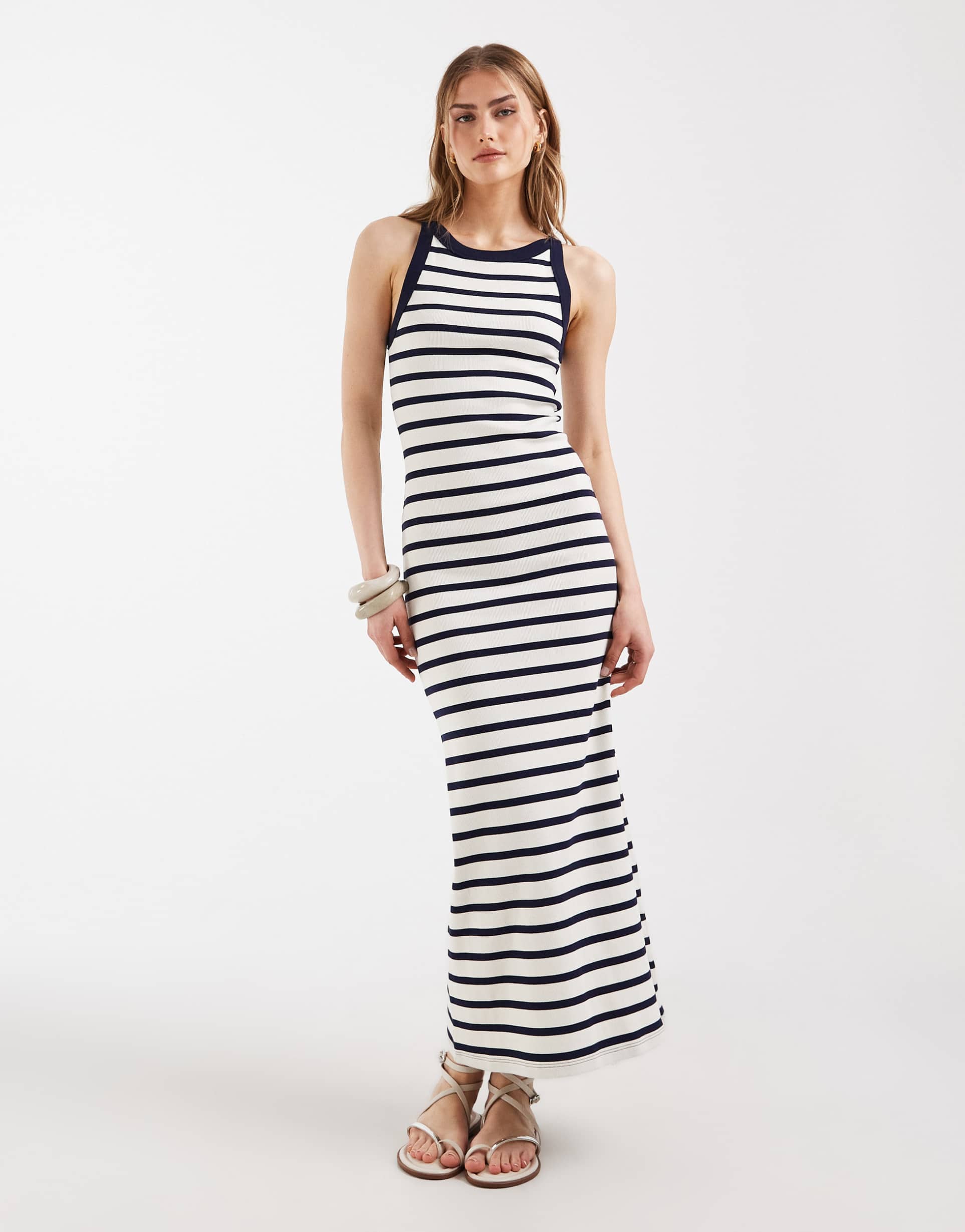 asos design ribbed midi tank dress in stripes