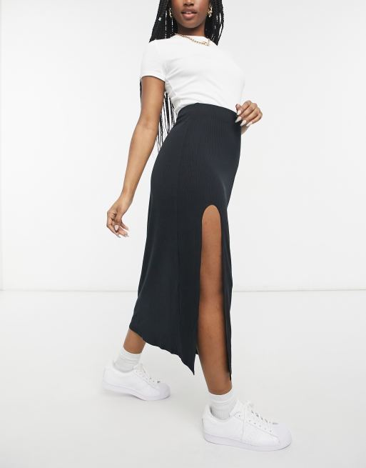 ASOS DESIGN ribbed midi thigh split skirt in black