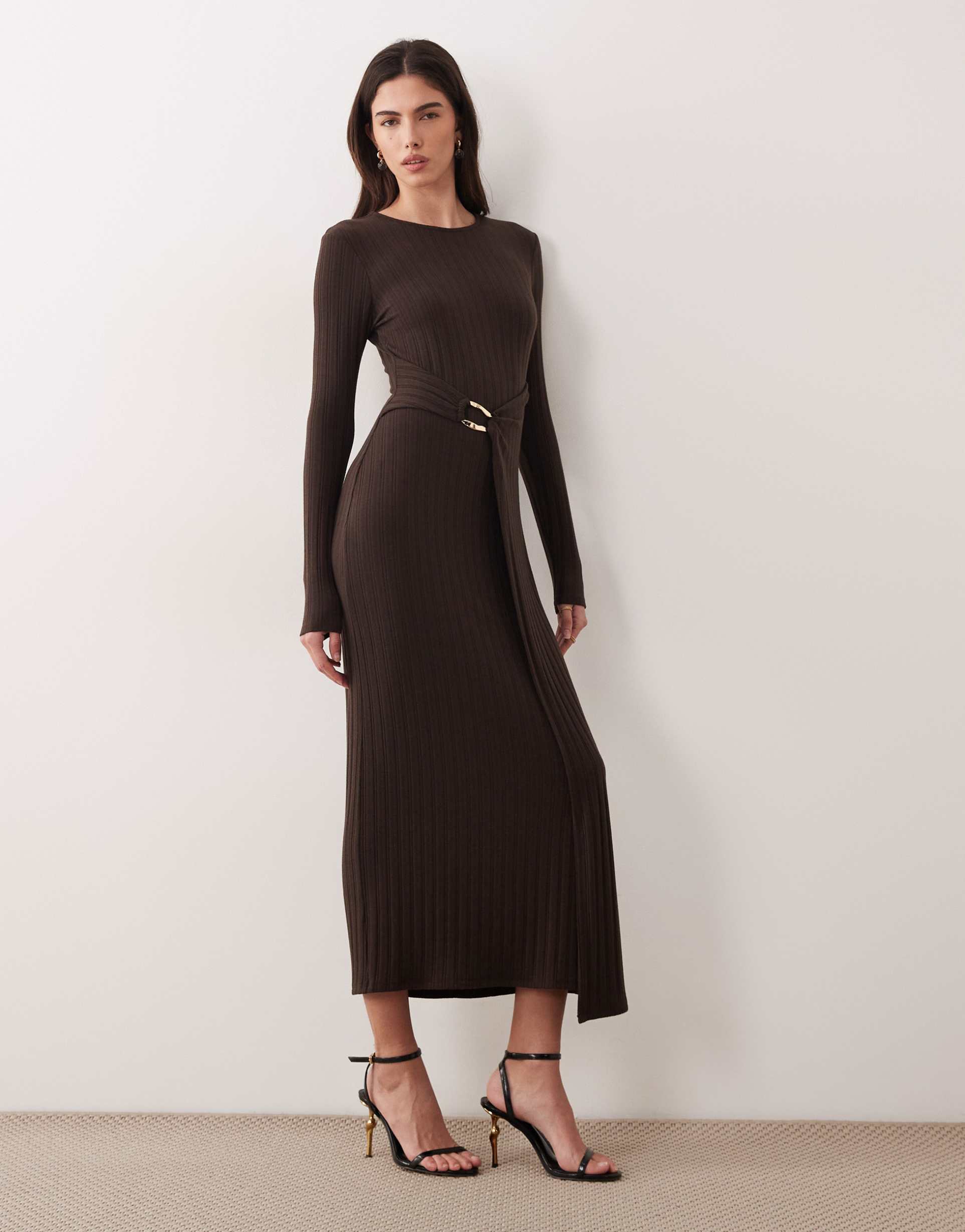 asos design ribbed midi wrap dress with hardware detail in chocolate