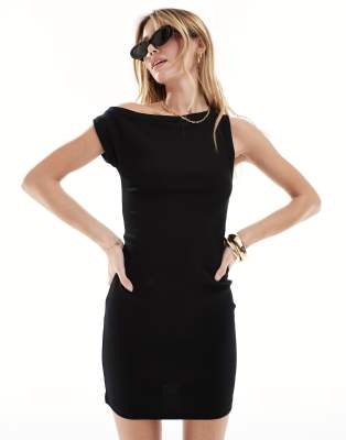 ASOS DESIGN ribbed mini dress dress with fallen shoulder in black - BLACK