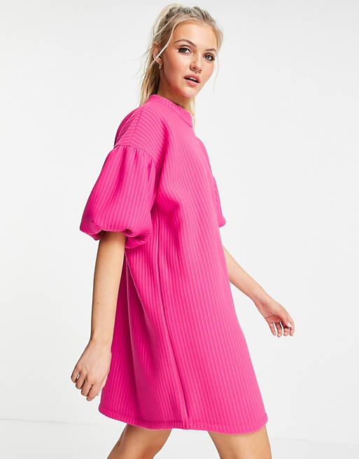 ASOS DESIGN ribbed mini dress with high neck and bubble sleeve in pink