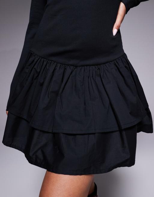 ASOS DESIGN ribbed mini dress with woven skirt in black, 3 of 4