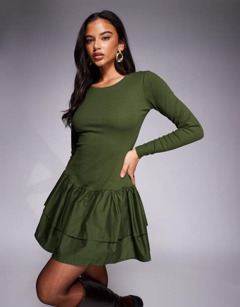 ASOS DESIGN ribbed mini dress with woven skirt in green - view 1