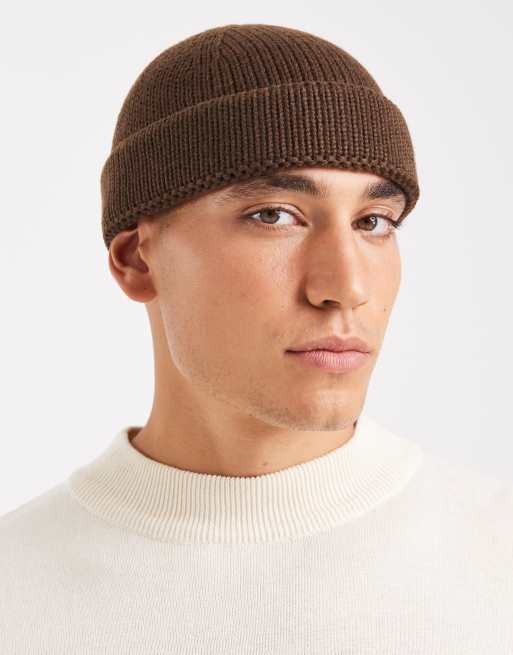 ASOS DESIGN ribbed mini fisherman beanie in chocolate