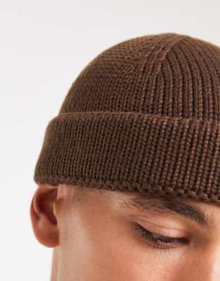 Asos Design Ribbed Mini Fisherman Beanie In Brown