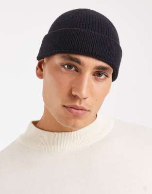 Asos Design Ribbed Mini Fisherman Beanie In Black