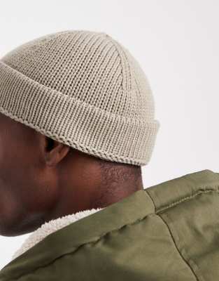 Asos Design Ribbed Mini Fisherman Beanie In Neutral
