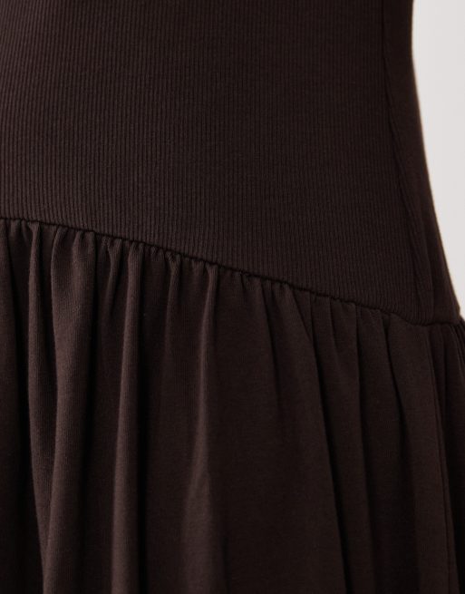 ASOS DESIGN ribbed mix midi dress with drop waist in chocolate, 3 of 4