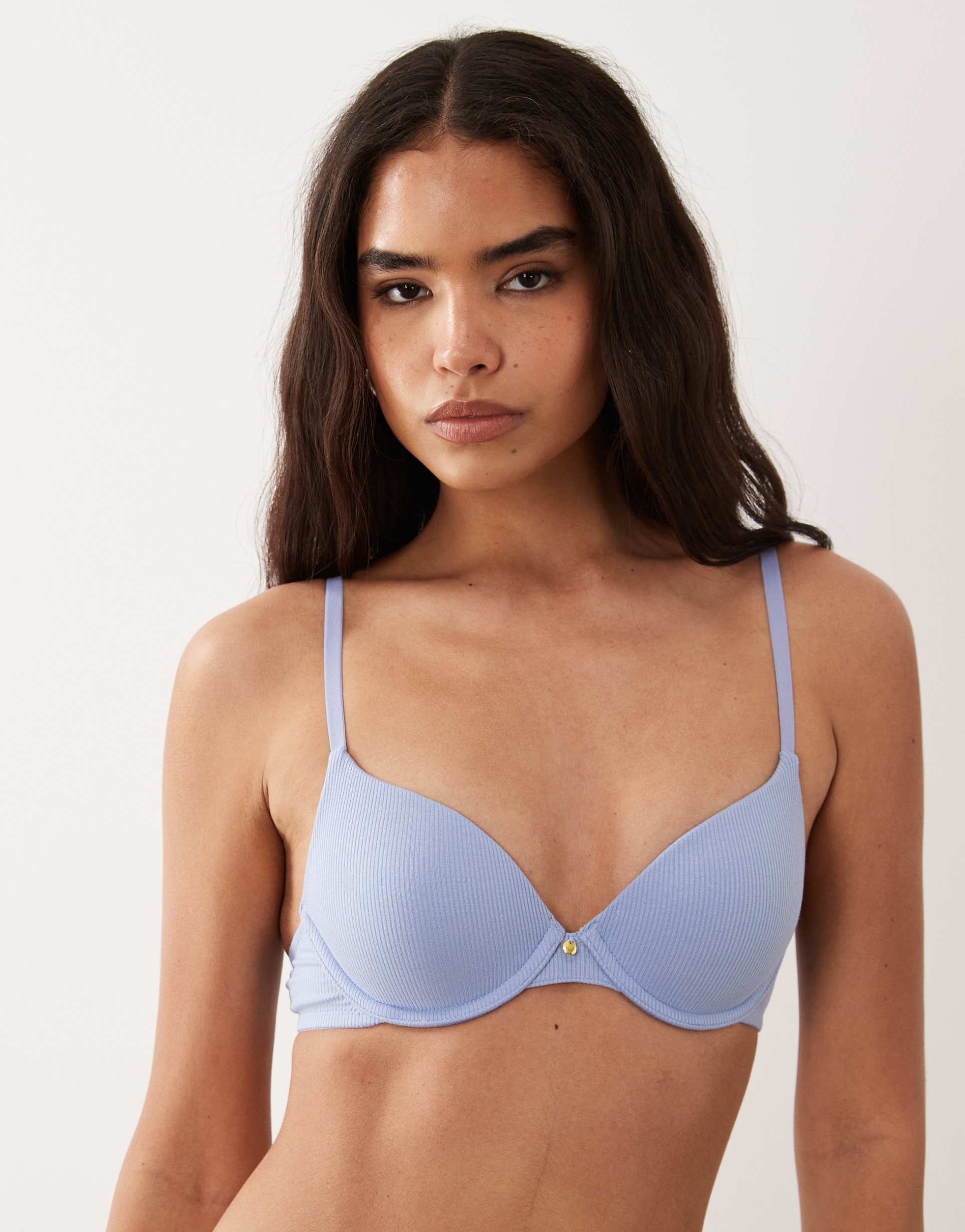 asos design ribbed molded t-shirt bra in blue