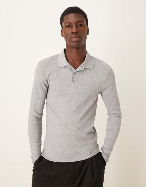 ASOS DESIGN ribbed muscle fit polo in gray heather