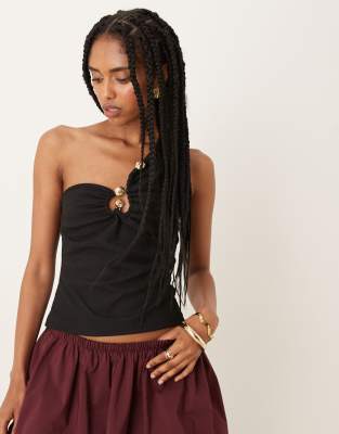 ribbed off-shoulder top with gold trim detail in black