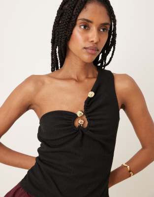 Asos Design Ribbed Off-shoulder Top With Gold Trim Detail In Brown
