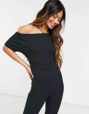 ASOS DESIGN ribbed off-the-shoulder jumpsuit in black