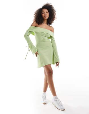 Asos Design Ribbed Off The Shoulder Long Sleeve Mini Dress With Tie Sleeves In Light Green