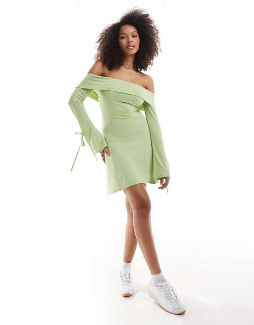 ASOS DESIGN ribbed off the shoulder long sleeve mini dress with tie sleeves in light green