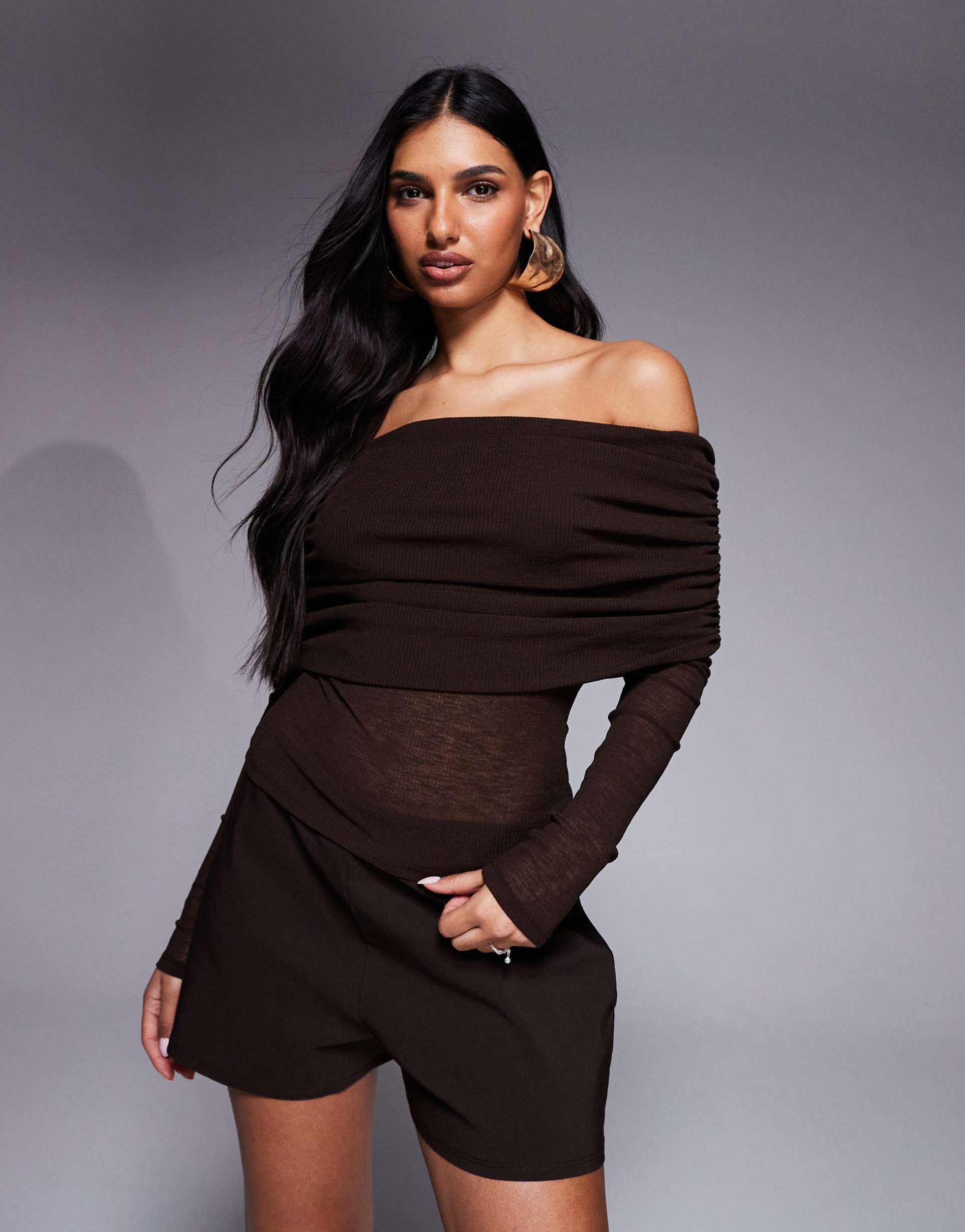 asos design ribbed off the shoulder long sleeve top in chocolate